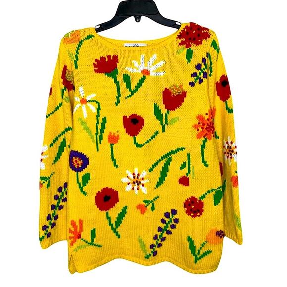 Marisa Christina Sweaters - Vintage 1990s Marisa Christina Floral Sweater Cotton Blend Small Yellow Multi